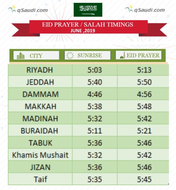 Eid Prayer Timings June 2019
